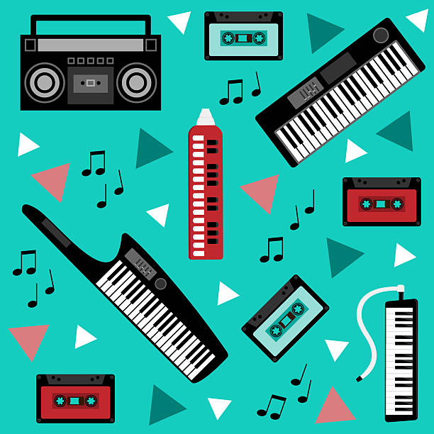 Seamless pattern 80's musical instruments. Seamless pattern 80's musical instruments. keytar stock illustrations