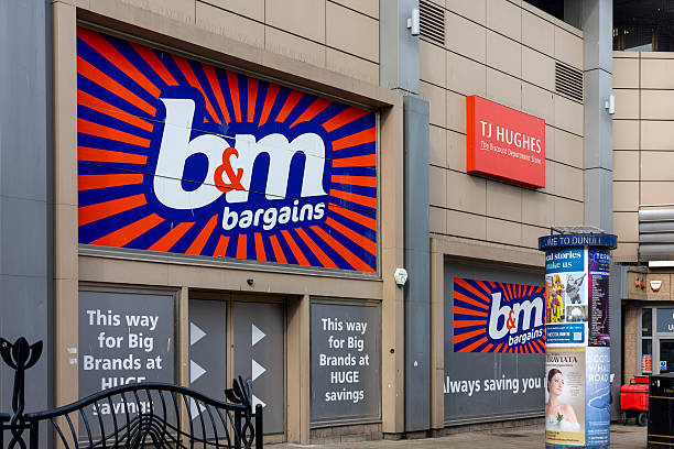 Exterior of a B&M Bargains logo outside the Wellgate Shopping Centre in Dundee , on March 22, 2025. Prominent, advertising \