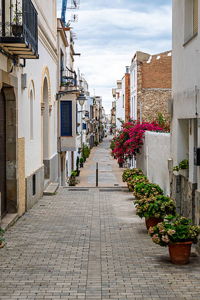 istock Bougainvillea and hydrangeas decorating narrow street in mongat, spain 2207391769