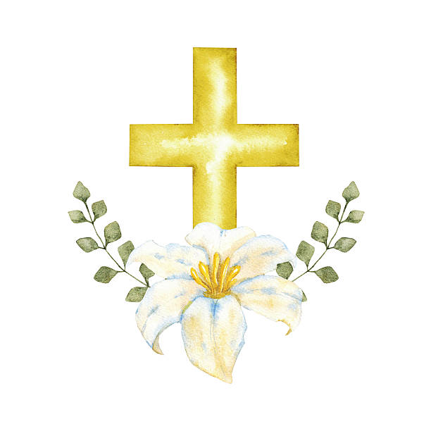 istock Golden cross decorated with white lily and green leaves. Watercolor composition with catholic religious symbols. For first communion, wedding, baprism greeting card, invitation. Hand drawn. Isolated 2207393157