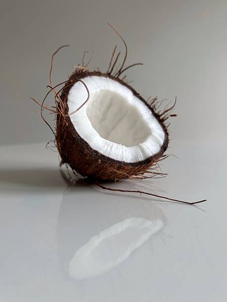 Half coconut with visible texture on reflective white surface
