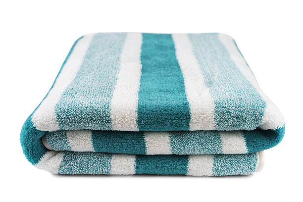 istock Carefully folded soft striped bath turquoise towel isolated on white background 2207402991