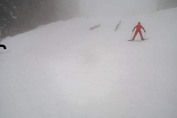 A skier dressed in a vibrant outfit glides down a snow-covered hill surrounded by fog. The mist creates a serene, cold atmosphere that underscores the tranquility and beauty of winter sports. This scene captures the essence of outdoor adventure in wintry environments, emphasizing the joy and challenge of skiing during the colder months.