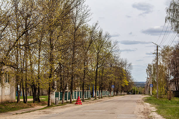 A rustic street in a Russian village during spring. Old wooden houses and unpaved roads create an authentic countryside atmosphere. Bare trees and fresh greenery frame the scene