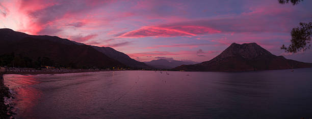 Dramatic sunset time on Adrasan beach. Mediterranean climate. Antalya city, Turkey country