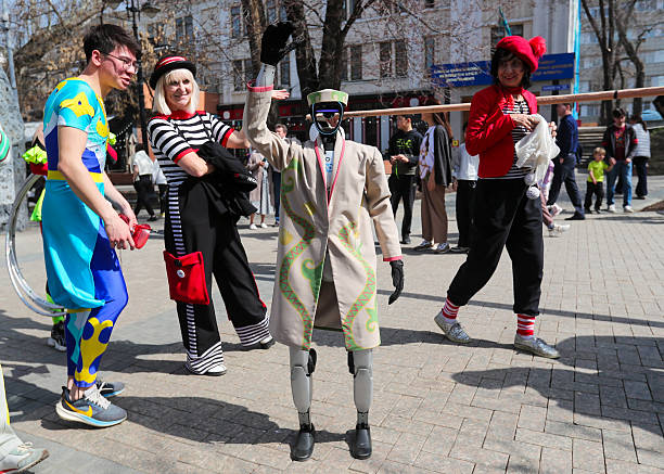 Robots in national dress walk the streets of Almaty in honor of the Nauryz holiday in Kazakhstan.