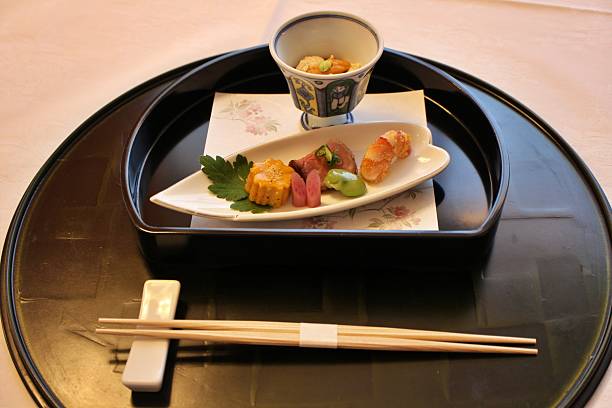 Japanese cuisine: appetizer platter (roast beef, shrimp, raw yuba and sea urchin, etc.) in Tokyo, Japan