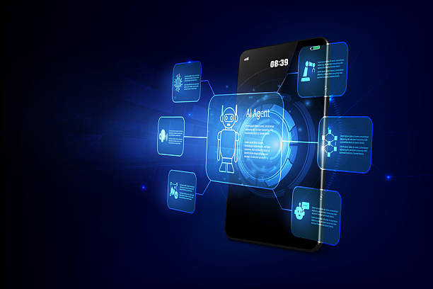 agent ai i futurystyczny interfejs w koncepcji technologii cyfrowej smartfona - wirtualny asystent stock illustrations