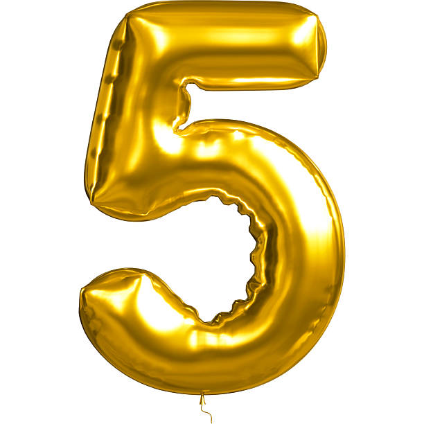 istock Golden number Five balloons with shiny foil reflecting light. 2207458433