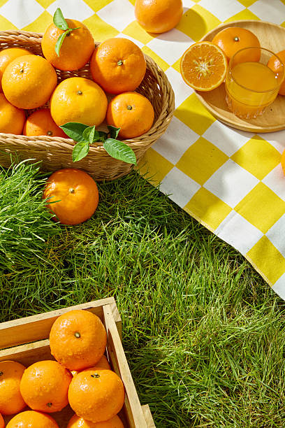istock Overhead view of a light brown rectangular wooden crate filled with fresh ripe oranges. The inside surface of the oranges are juicy orange segments with white lines dividing them. Nature concept 2207458800