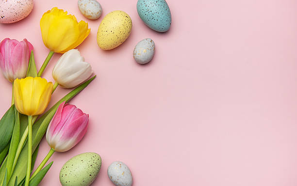 istock Colorful easter eggs and tulips creating festive border on pink background 2207461432