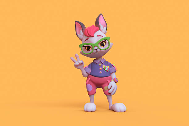 Young smiling scout hare boy dressed in red pants, blue shirt with badges and patches doing victory sign. 3d render of cartoon bunny with bangs in green glasses, compass on his hand on yellow backdrop
