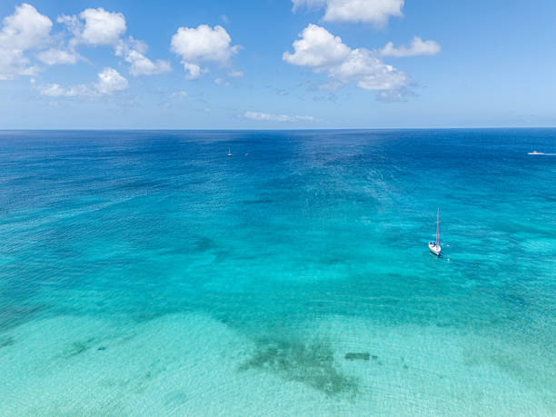 Lone sailboat on vibrant turquoise waters in the Caribbean. Expansive ocean scene with clear blue skies. Perfect for travel, relaxation, and nautical themes.