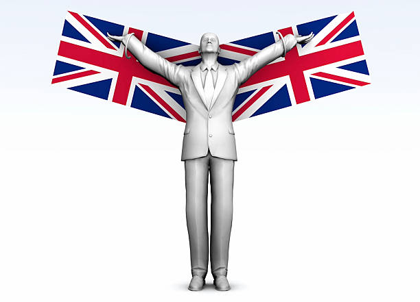 The UK citizen who soars to freedom with citizenship soars to the sky. Successful businessman soaring into the sky with his England flag-shaped wings. Businessman with usa flag wings flies to success. / You can see the animation movie of this image from my iStock video portfolio. Video number: 2207041848