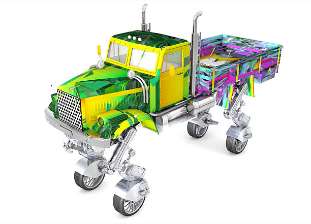 Cute robot truck that walks, runs and slides with its legs and changes color. / You can see the animation movie of this image from my iStock video portfolio. Video number: 2206903777