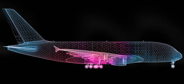 3D commercial plane model’s thermal research on black background,