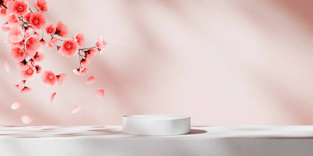 istock Spring background with cherry blossom and white podium on empty table. Beauty, cosmetic and luxury product placement mockup template. Minimal natural aesthetic scene for premium brand display. 2207467276