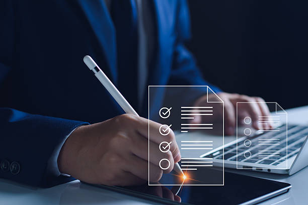 istock Businessman working with tablet. Checking mark up on the check boxes. Successful completion of business tasks. Digital marketing of statistics level up of graph. Business management goal strategy. 2207468934