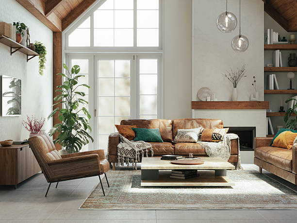 istock Warm rustic living room with high ceilings, leather seating, and natural light, 3d rendering 2207478968