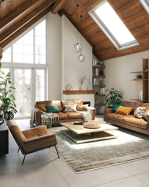 istock Warm rustic living room with high ceilings, leather seating, and natural light, 3d rendering 2207478969
