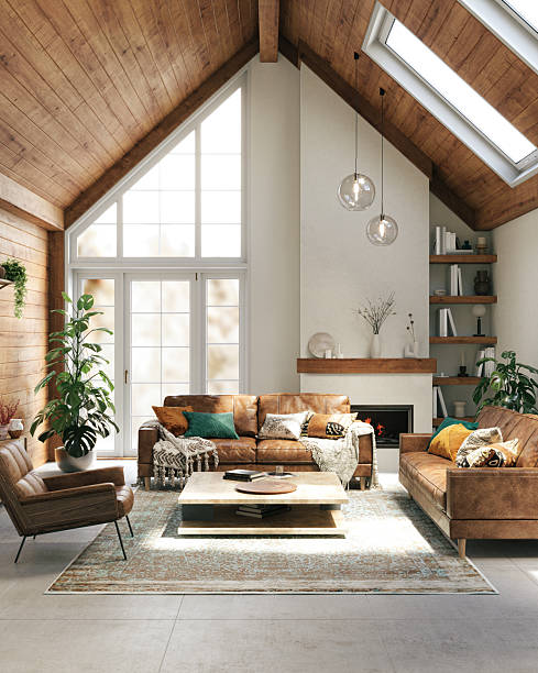istock Warm rustic living room with high ceilings, leather seating, and natural light, 3d rendering 2207478978