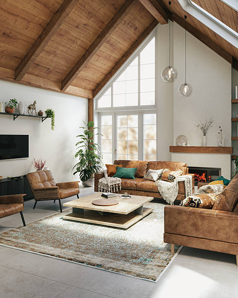 istock Warm rustic living room with high ceilings, leather seating, and natural light, 3d rendering 2207478993