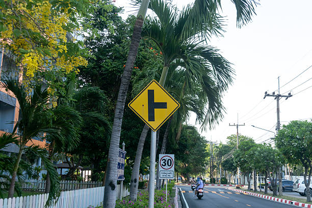istock Caution Left Turn Ahead Sign Among Trees on Urban Street Scene 2207479393
