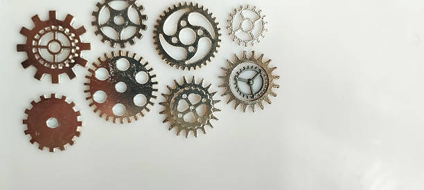 Industrial gear mechanism close-up workshop setting metal components steampunk vibe high detail mechanical artistry