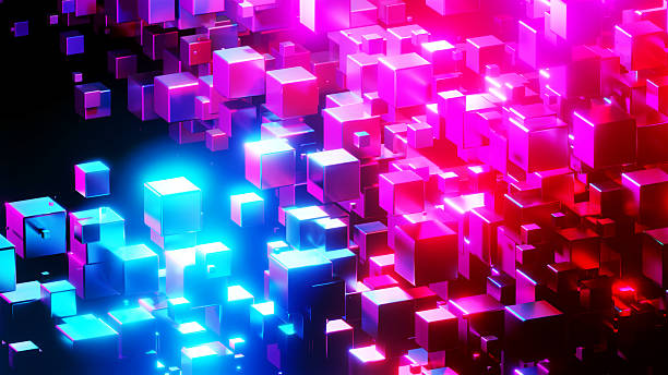 istock Abstract technology background with 3D cubes in space, purple blue neon glowing cubes on black, technology and science wallpaper. 2207484312