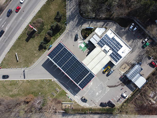 istock Top down aerial perspective of a Solar roof array on a fuel station 2207493759