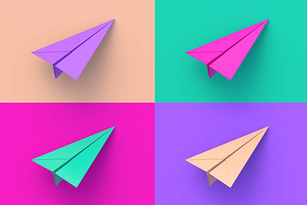 Set of four different color paper plane on colorful segmental background. 3d render