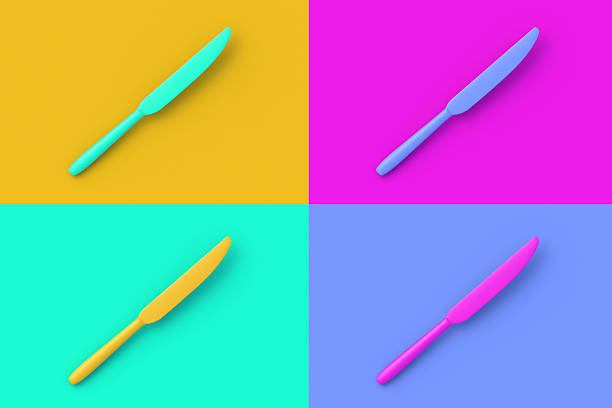 Set of four different color knife on colorful segmental background. 3d render