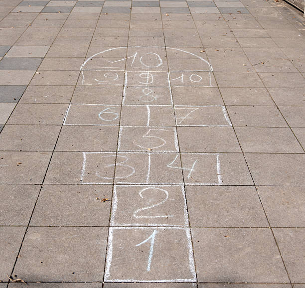 istock Hopscotch is drawn with chalk on the sidewalk 2207501592