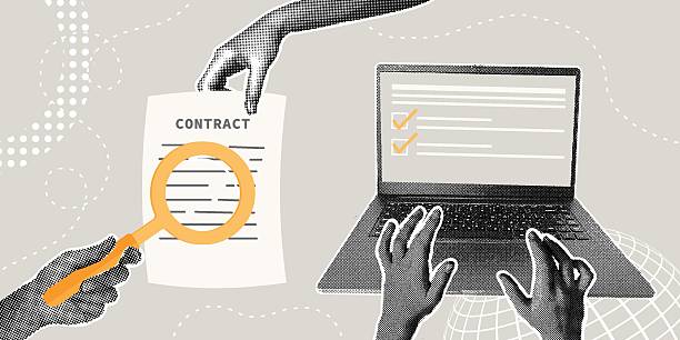 istock Trendy halftone collage. Contract review process.Concept of discussing a contract, scrutinizing, considering options 2207503201