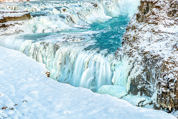 Gullfoss waterfall during winter, in Iceland. Gullfoss is one of the most popular tourist attractions in Iceland.