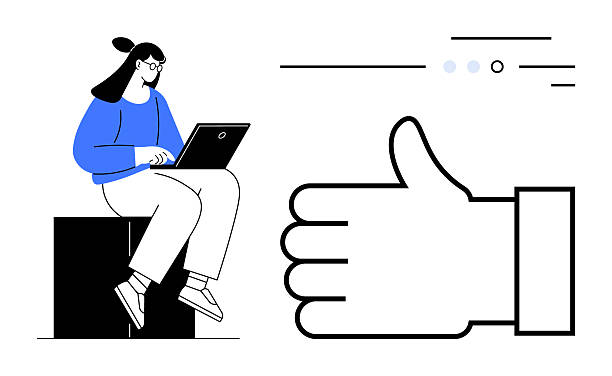 istock Woman with Laptop and Large Thumbs Up Symbol in Modern Minimalist Design 2207512667