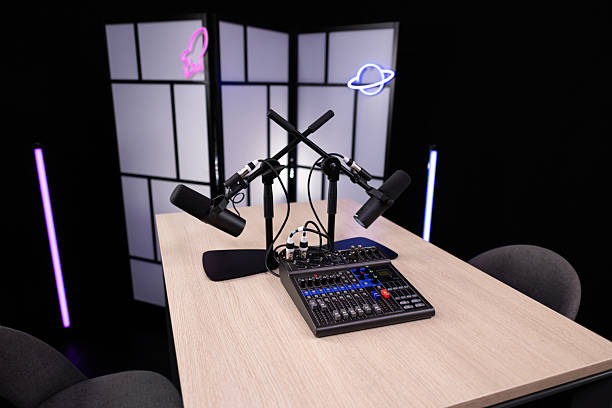 istock Professional recording studio setup for a podcast with microphones and mixer 2207519176