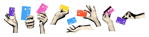 Trendy halftone collage elements set. Various hands holding plastic credit cards, cashless contactless payment concept. Paper clipping shapes, cut out modern retro vector illustration