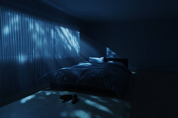 Bedroom with cosy low bed at night with light rays through curtains. 3D Rendering