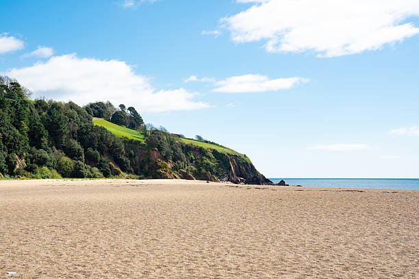 Scenic view of blackpool sands beach meeting green hills in dartmouth, devon, featuring a beautiful blue sky