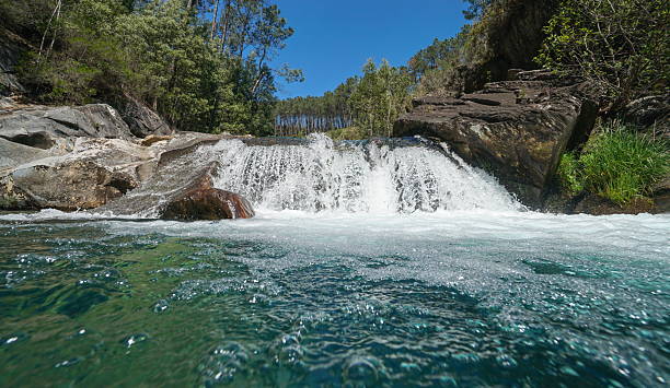 istock Small waterfall of a wild river seen from water surface natural scene 2207533564
