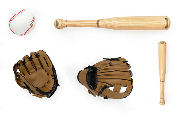 istock Baseball bat, ball, and glove isolated on white, top view 2207537795