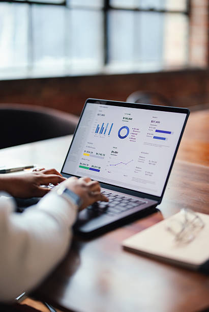 istock Person Analyzing Business Data on a Laptop in Modern Office Setting 2207541569