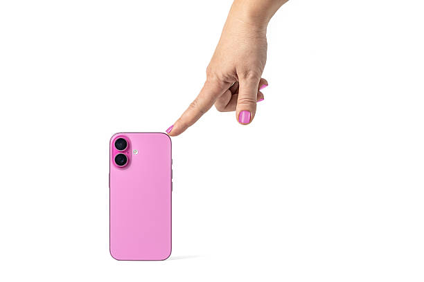 istock Female hand touch slim pink smartphone 2207543342
