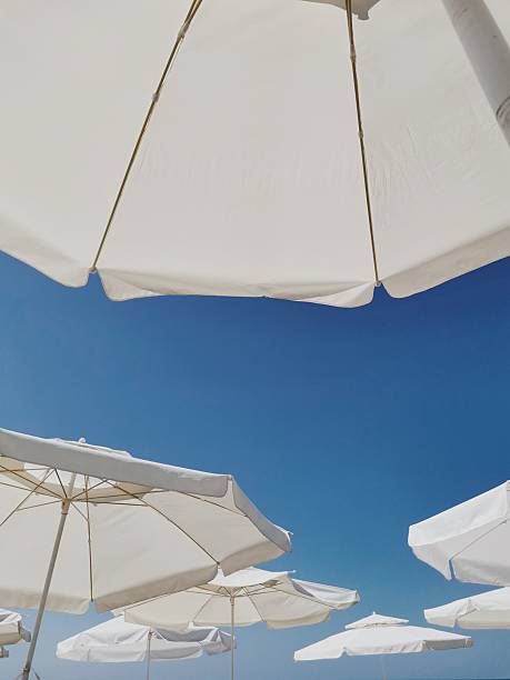 White beach umbrellas with smooth fabric are spread open against a clear, deep blue sky. The umbrellas are arranged at varying angles, creating a sense of depth and perspective. The bright sunlight emphasizes the contrast between the crisp white of the umbrellas and the vivid blue backdrop, evoking a serene and inviting summer atmosphere.