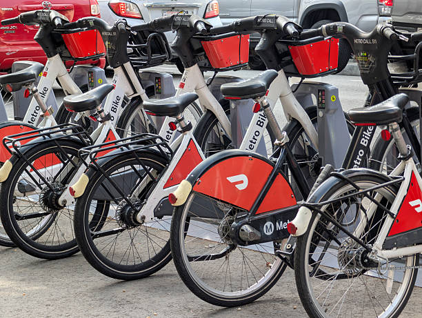 Los Angeles, California - March 29, 2025: Metro Bike Share docking station on South Grand Avenue