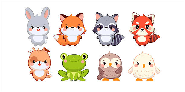 Cute cartoon animal characters in bright colors featured in various poses on a white background for children's entertainment A delightful array of cartoon-style animal characters is displayed in vibrant colors. Each character exhibits unique features, creating an engaging visual ideal for children’s books or merchandise. red panda small panda raccoon family stock illustrations