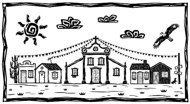 illustrazioni stock, clip art, cartoni animati e icone di tendenza di paesaggio di un villaggio decorato per un festival. con chiesa e vecchie case, sole e nuvole. illustrazione in stile cordel brasiliano - silografia