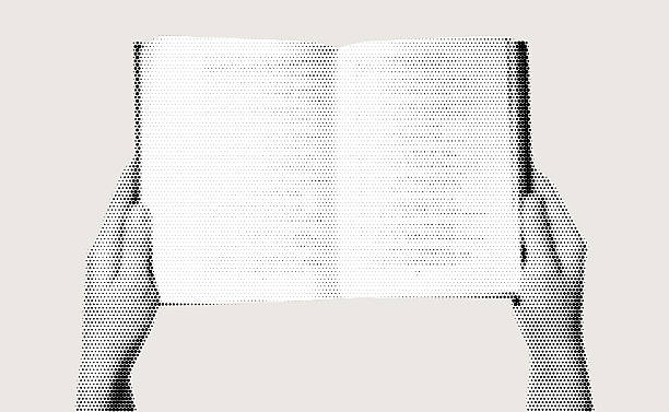 Halftone Illustration of Hands Holding an Open Blank Book in a Minimalist Design