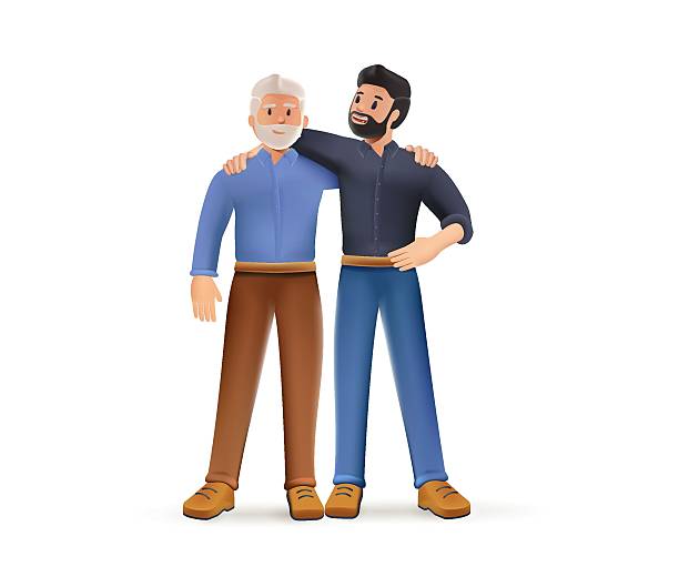 Two people hugging 3D illustration. Bonding mature grandpa young grandson with smile trust support one another. Son dad Two people hugging 3D illustration. Bonding mature grandpa young grandson bump fists with smile trust support one another. Son fun hugging old senior father vector illustration concept. Happy younger father son grandfather fathers day stock illustrations